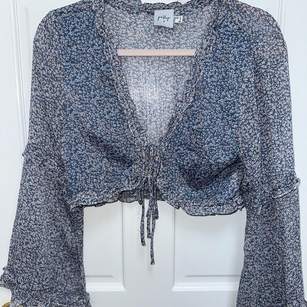 Princess Polly Floral Blue Ruffle Tie Top
